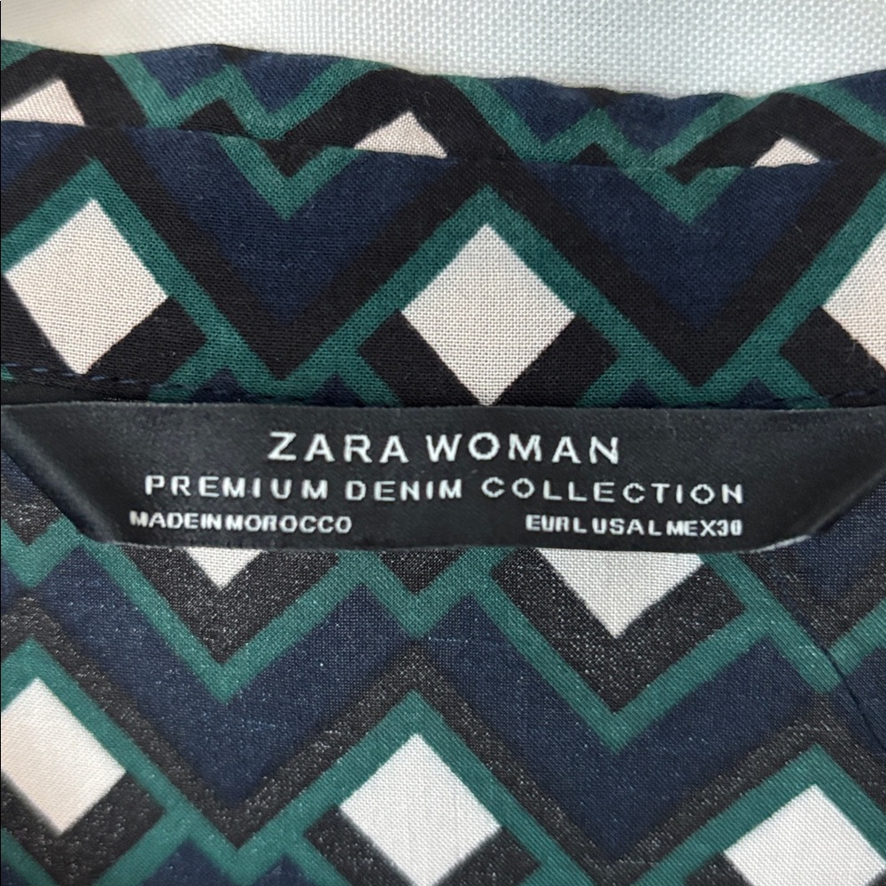 Zara Woman Green cream tones Geometric Print Shirt Dress Button Front Size L - Picture 7 of 9
